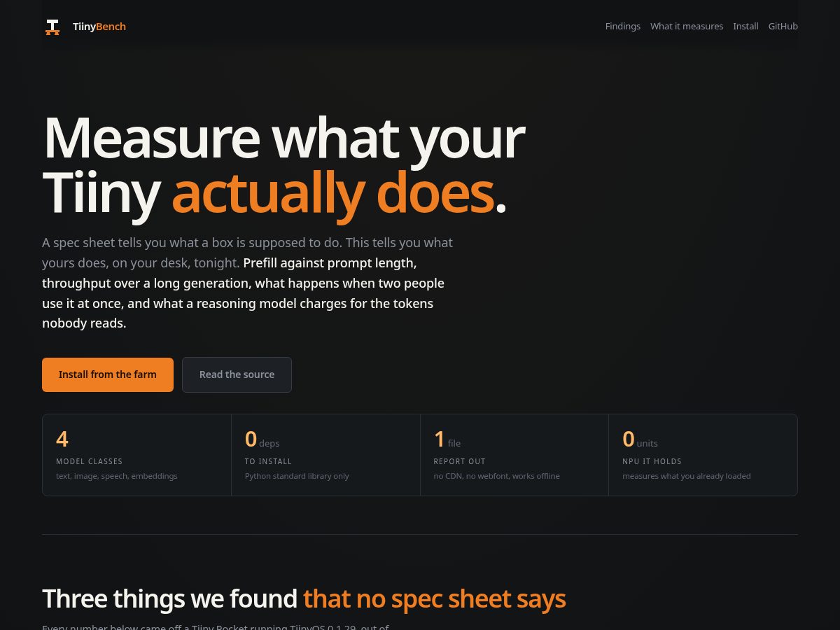 Landing-page snapshot of tiinybench.app