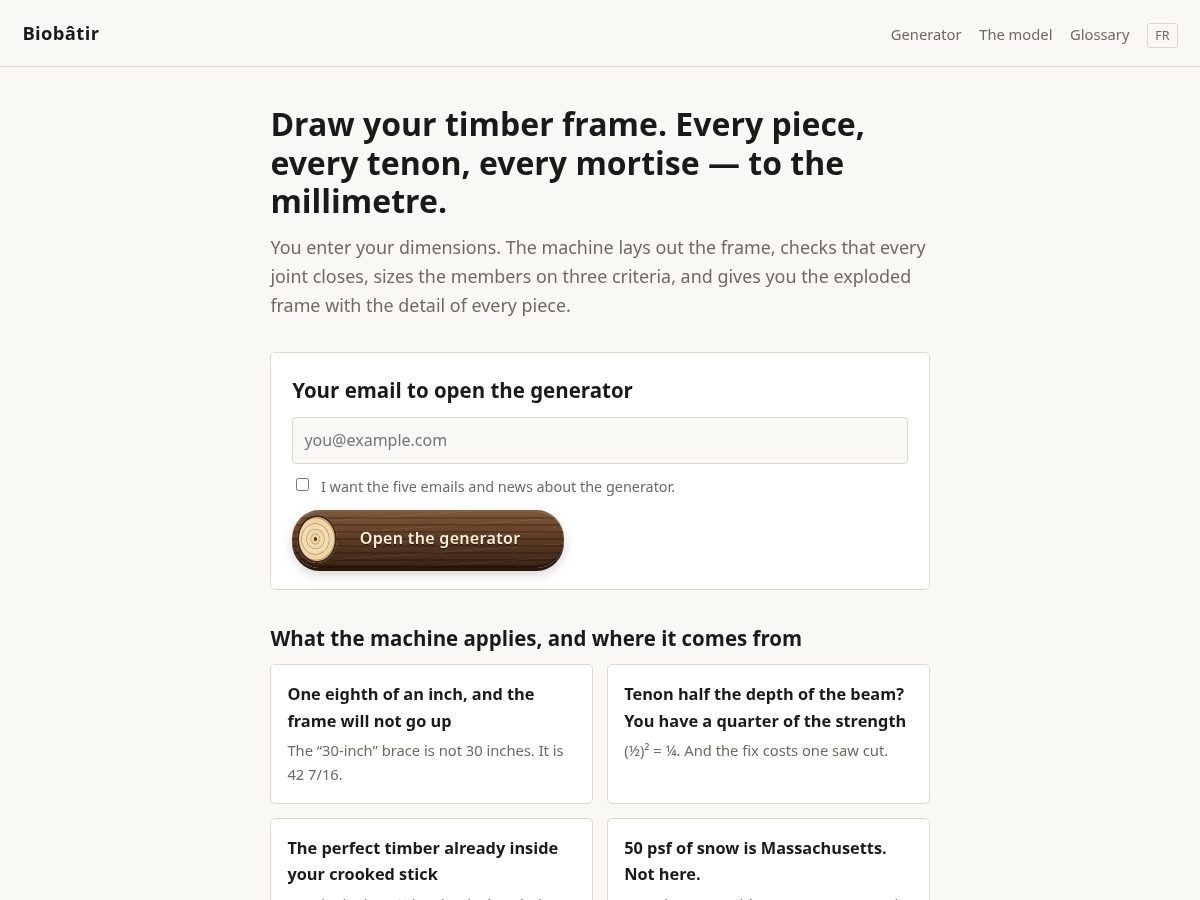 Landing-page snapshot of timberframe.app