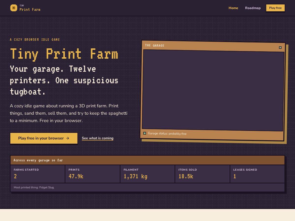 Landing-page snapshot of tinyprintfarm.com
