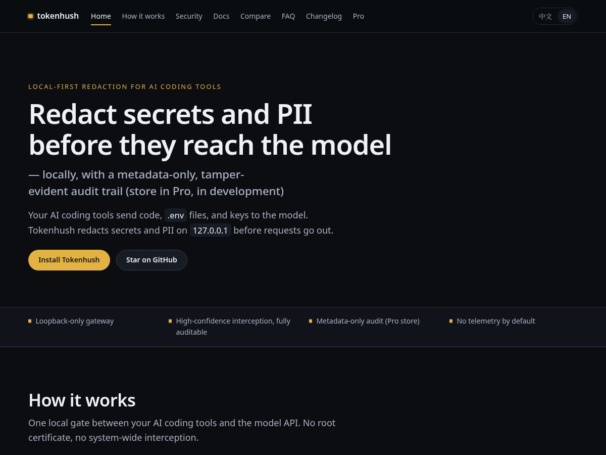 Landing-page snapshot of tokenhush.com