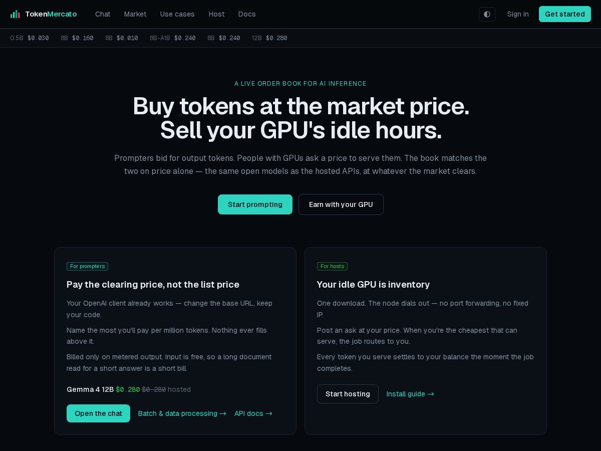 Landing-page snapshot of tokenmercato.com