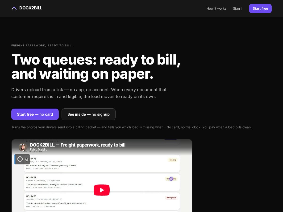 Landing-page snapshot of trydock2bill.com