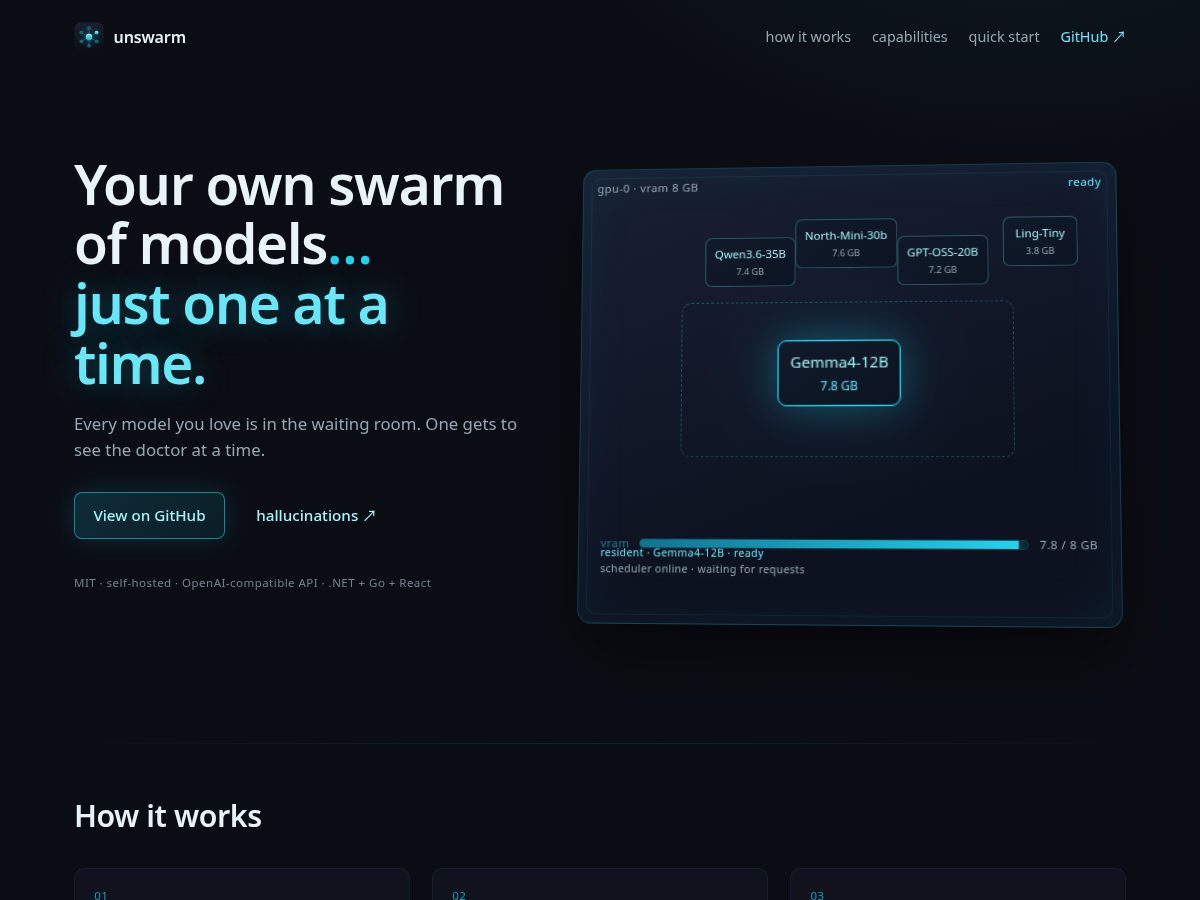 Landing-page snapshot of unswarm.dev