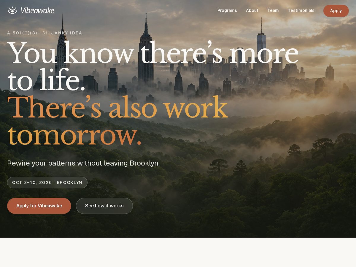 Landing-page snapshot of vibeawake.camp