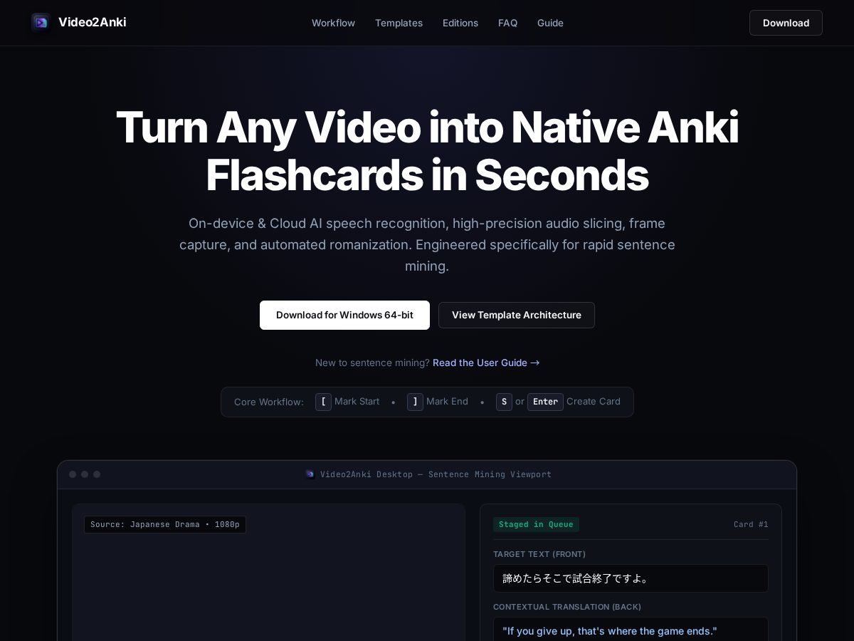 Landing-page snapshot of video2anki.com