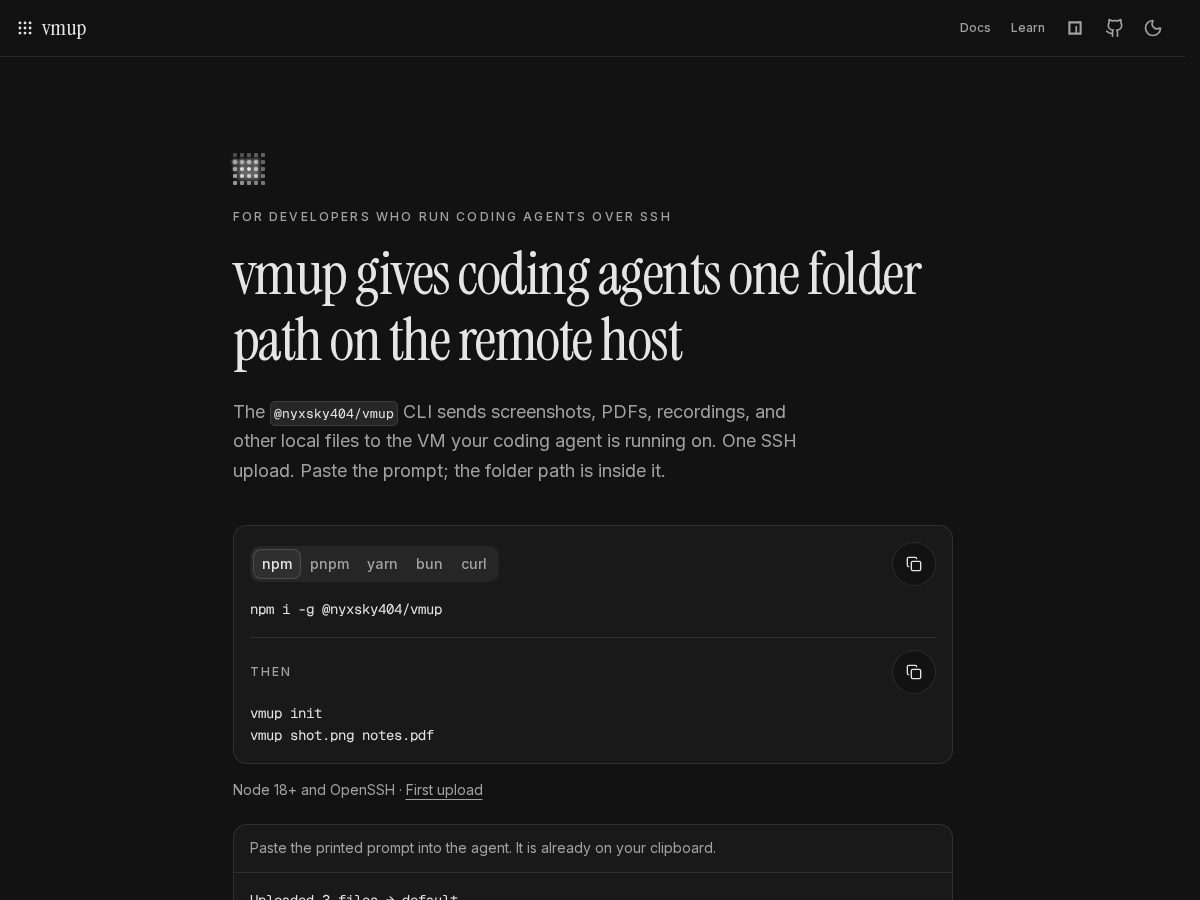Landing-page snapshot of vmup.dev