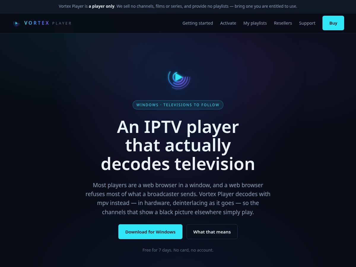 Landing-page snapshot of vortexplayer.com