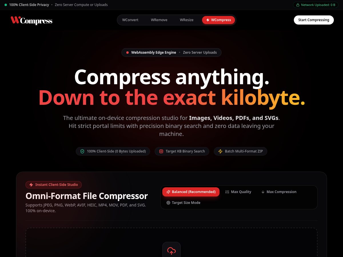 Landing-page snapshot of wcompress.com