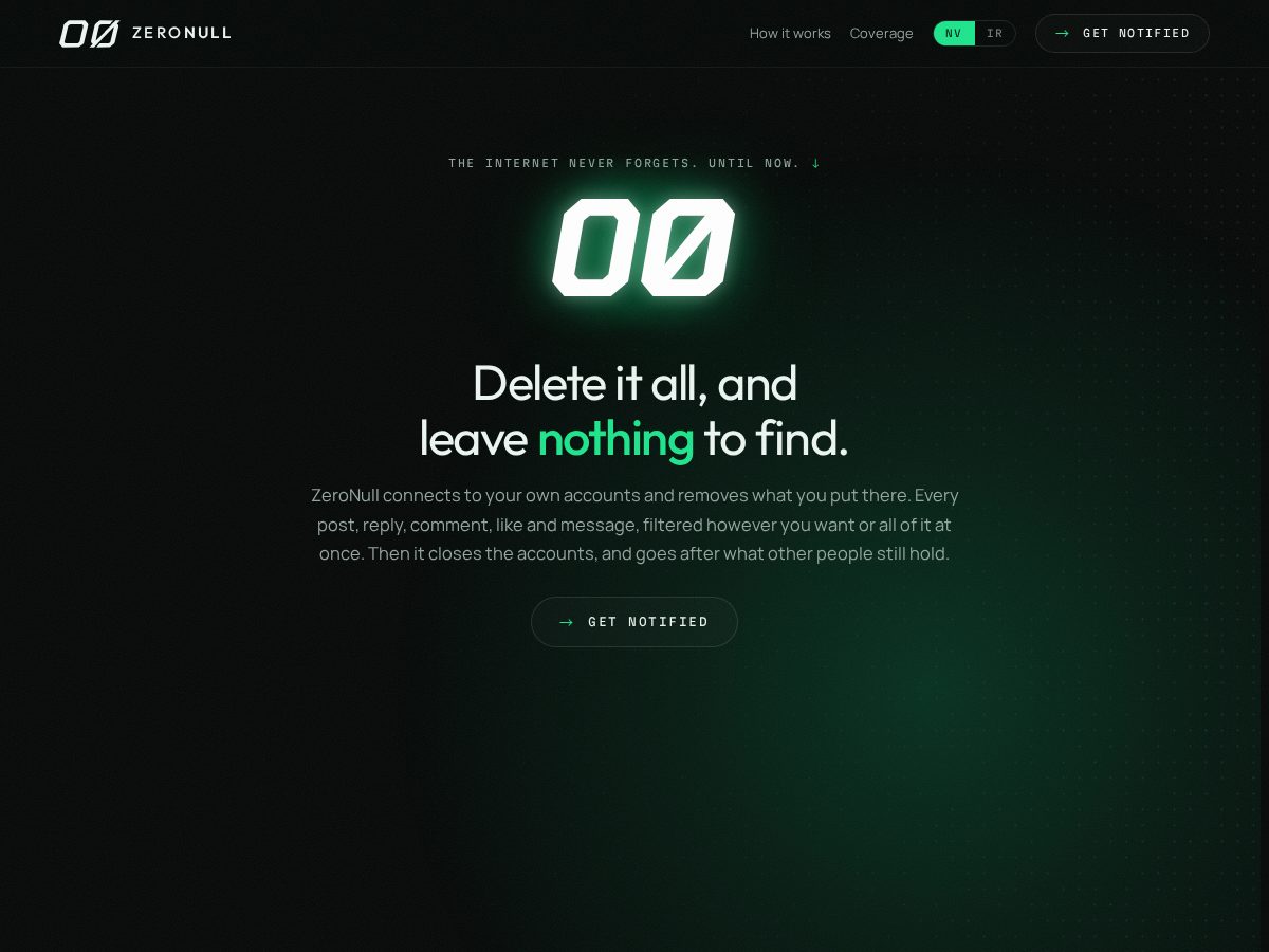 Landing-page snapshot of zeronull.app