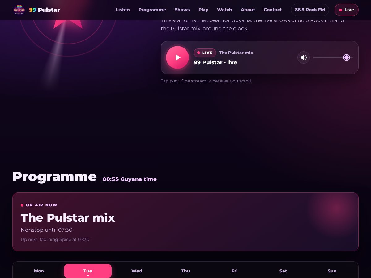 Landing-page snapshot of 99pulstarfm.com