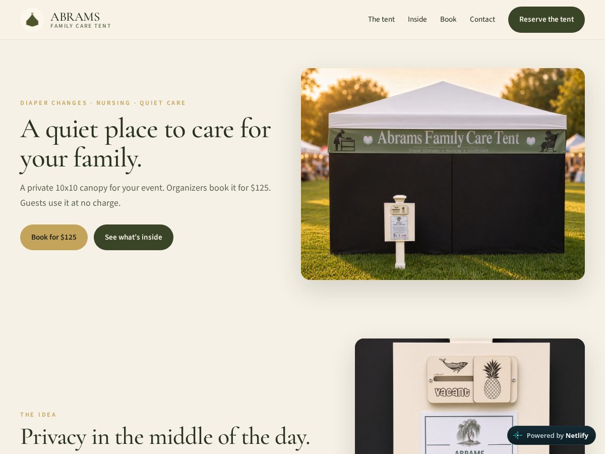 Landing-page snapshot of abramsfamilycaretent.com