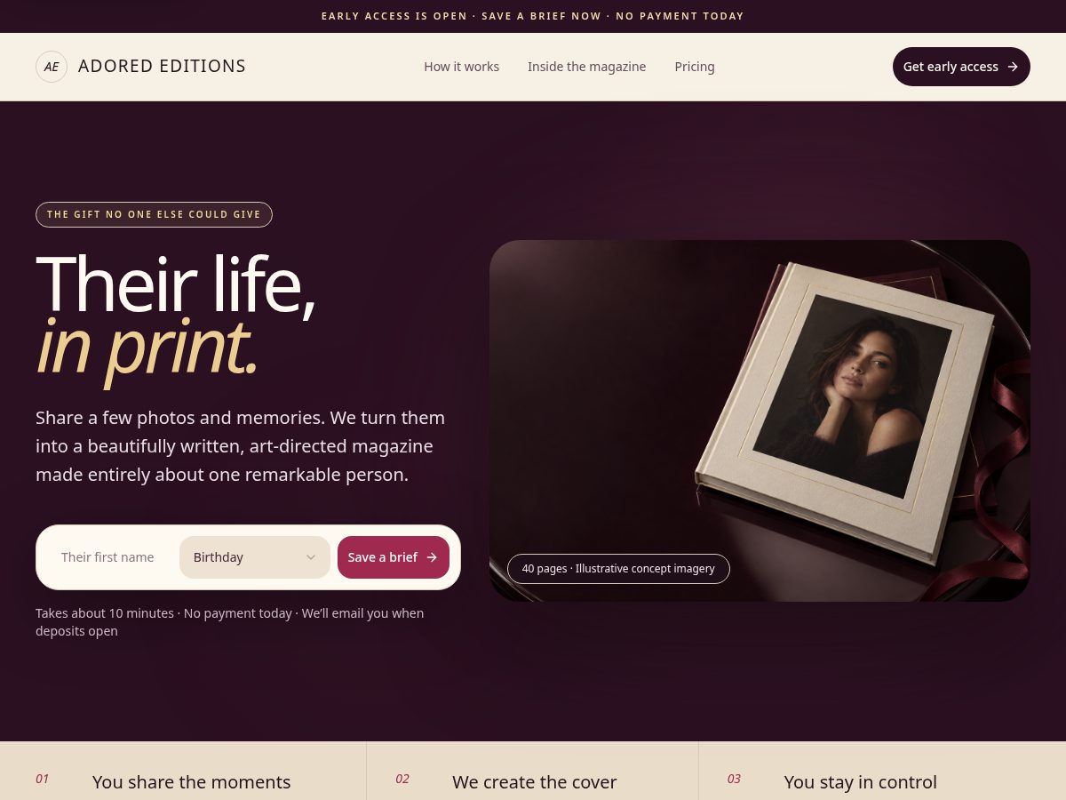 Landing-page snapshot of adorededitions.com