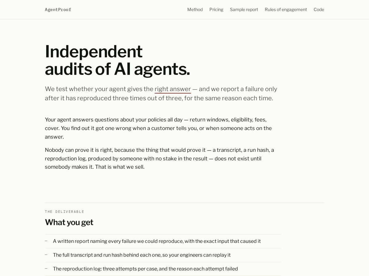 Landing-page snapshot of agentproof.tech