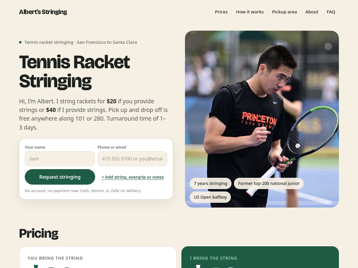 Landing-page snapshot of albertstringing.com