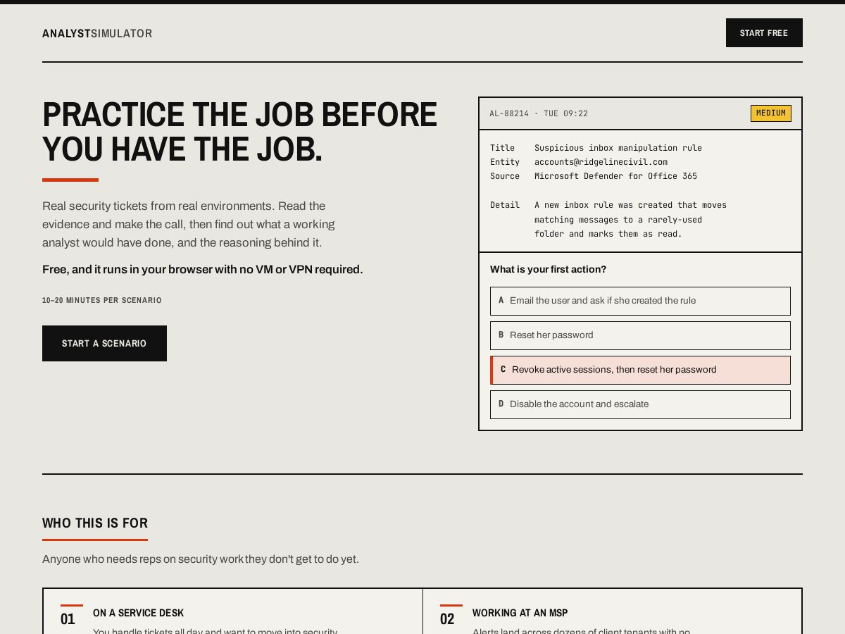 Landing-page snapshot of analystsimulator.com