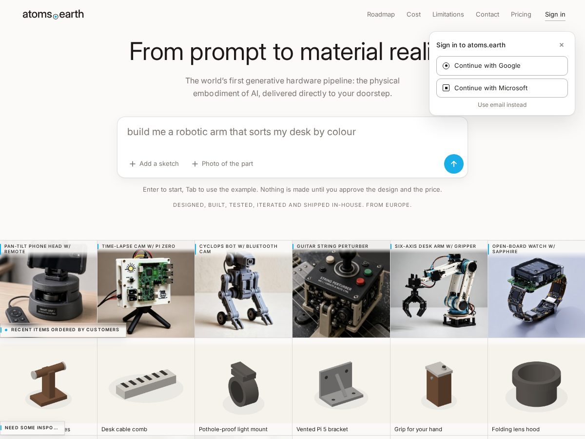 Landing-page snapshot of atoms.earth
