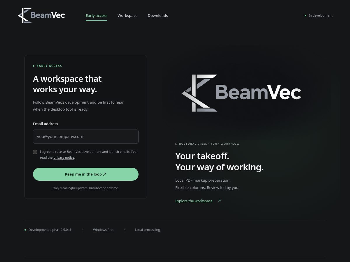 Landing-page snapshot of beamvec.com