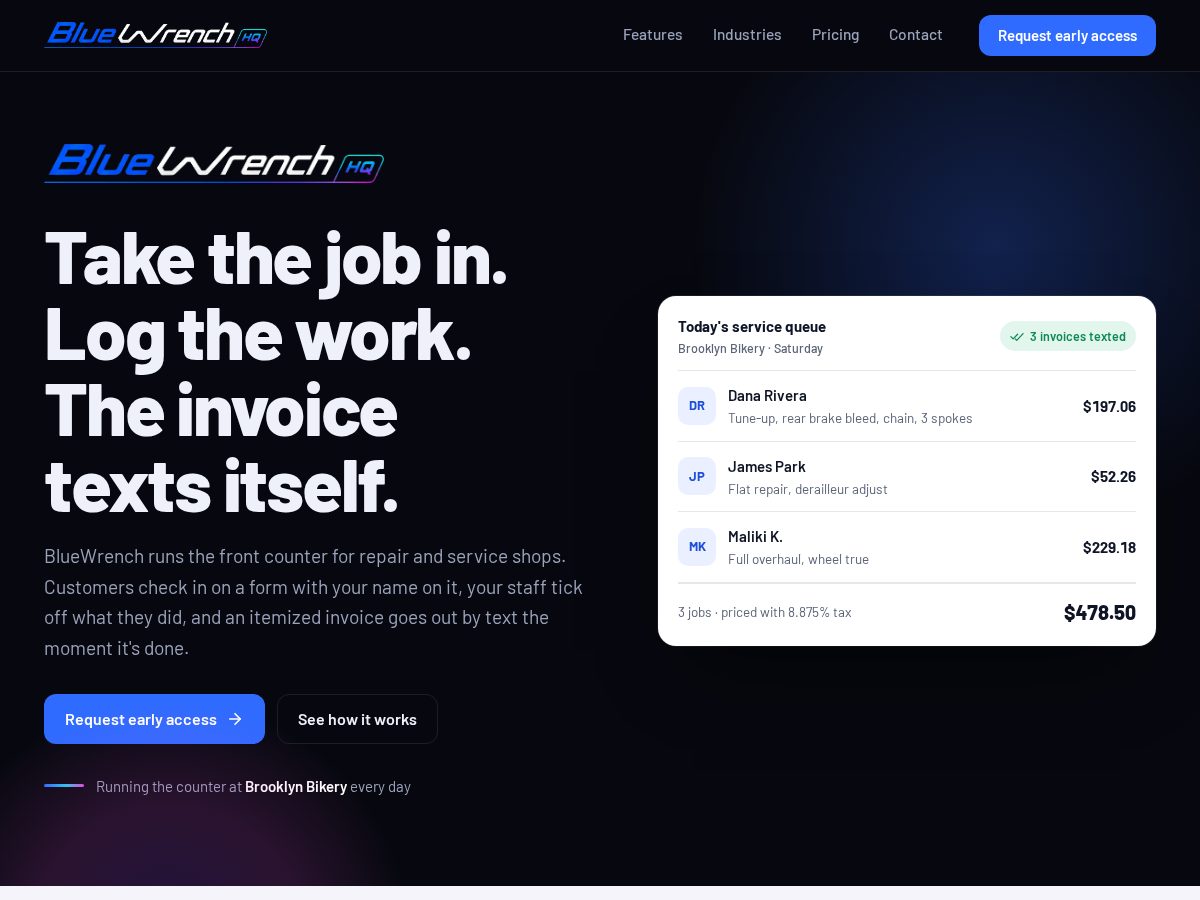Landing-page snapshot of bluewrenchhq.com