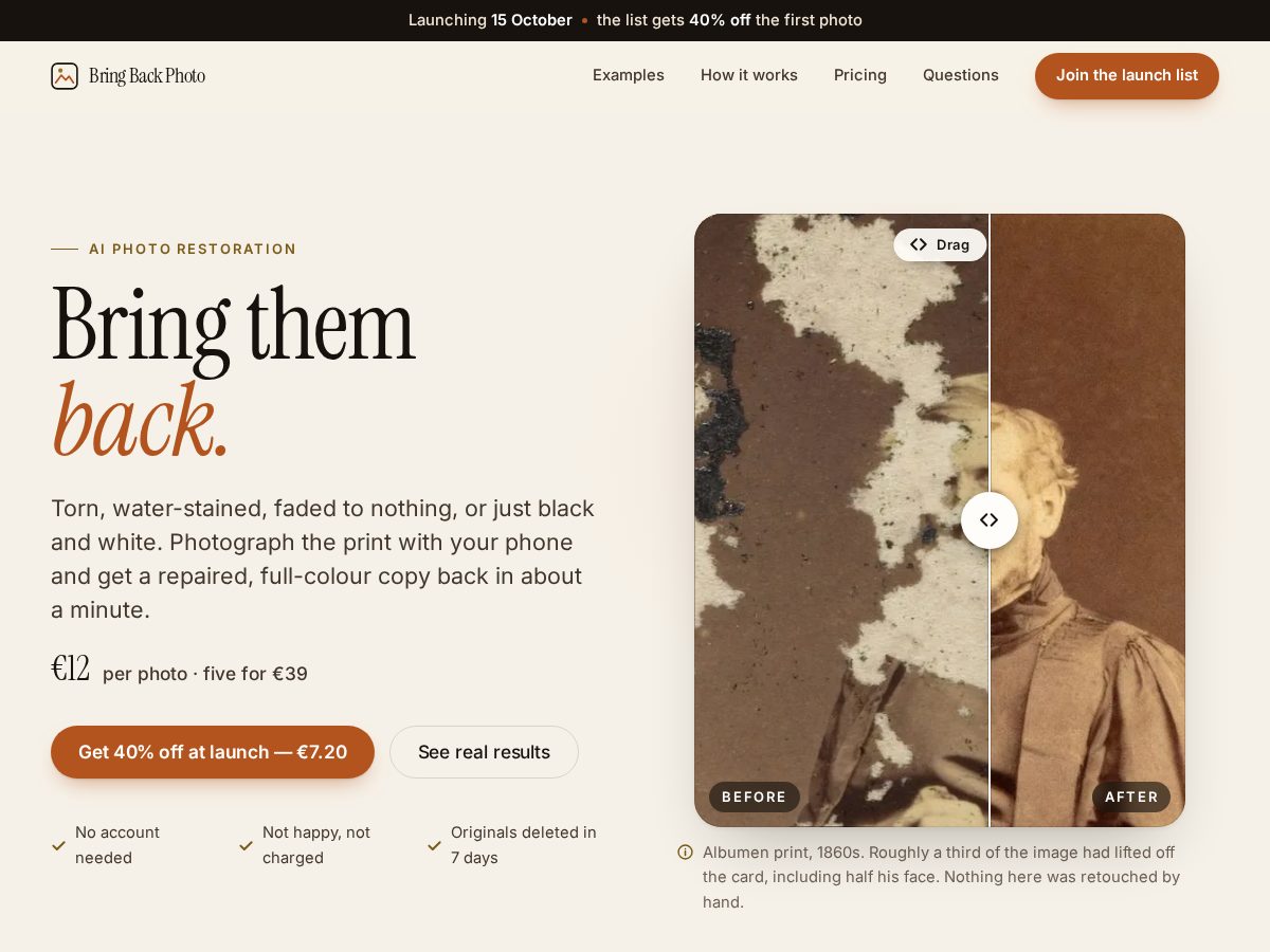 Landing-page snapshot of bringbackphoto.com