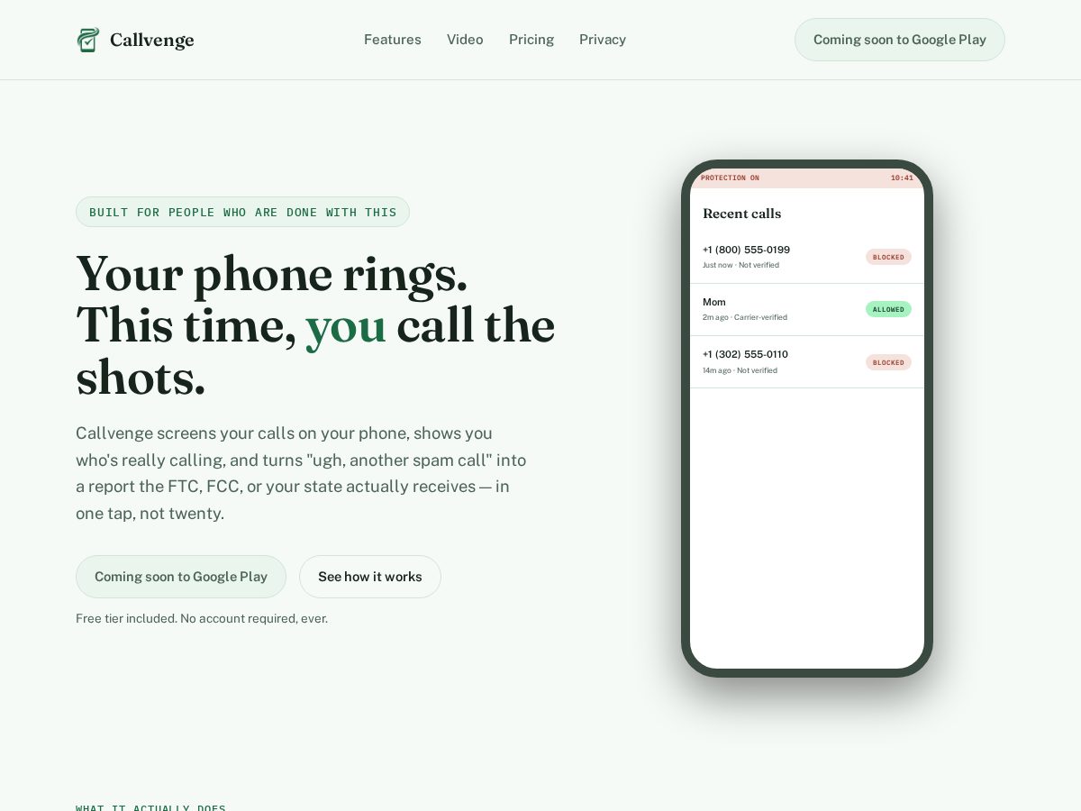Landing-page snapshot of callvenge.com