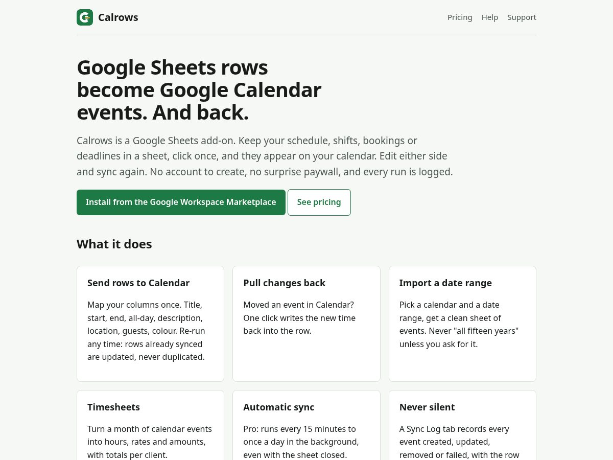 Landing-page snapshot of calrows.com