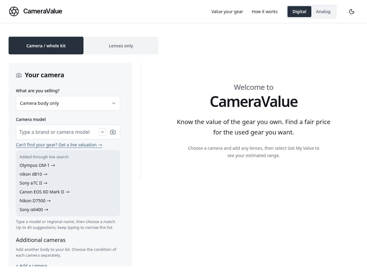 Landing-page snapshot of camera-value.com