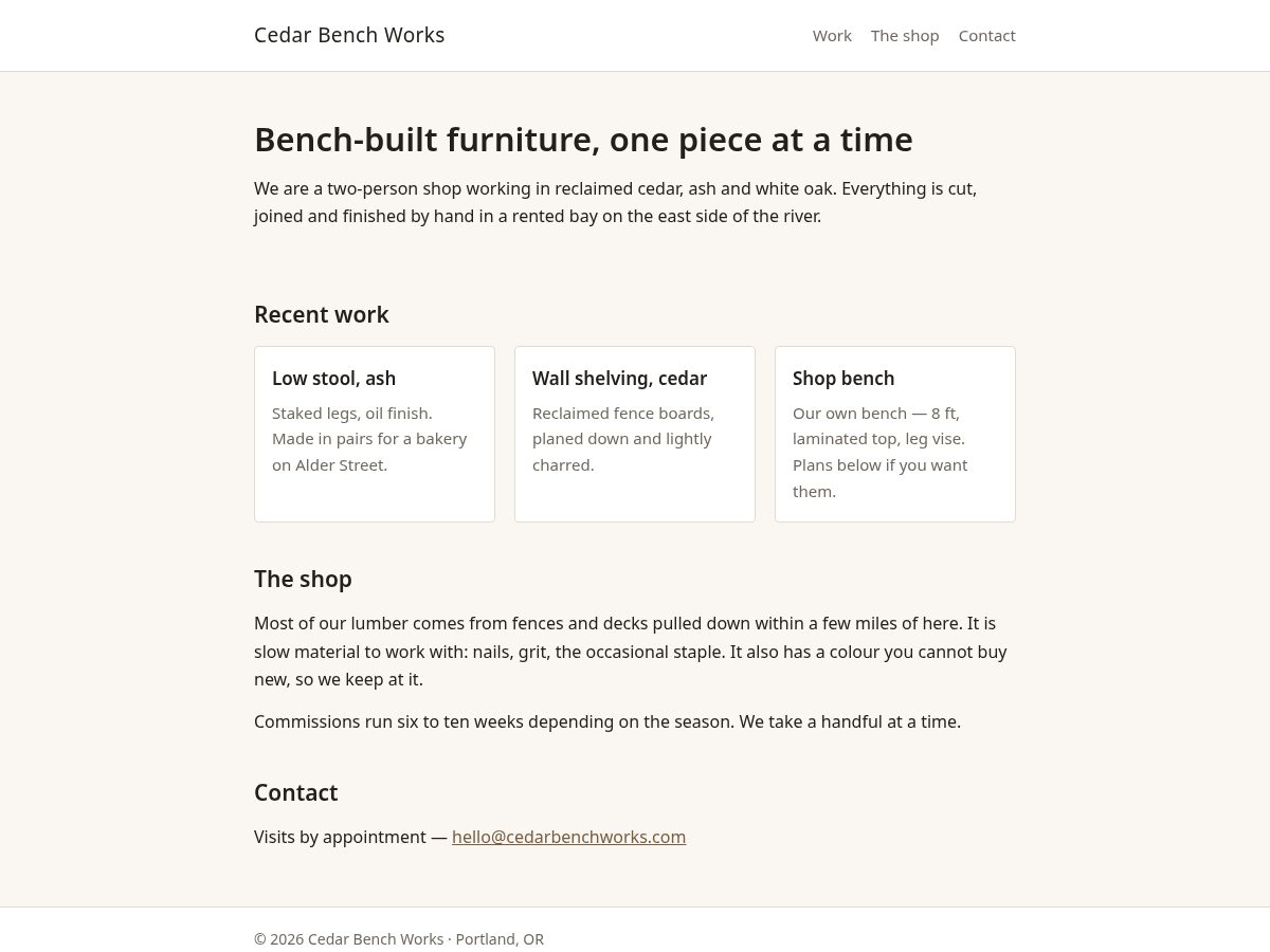 Landing-page snapshot of cedarbenchworks.com