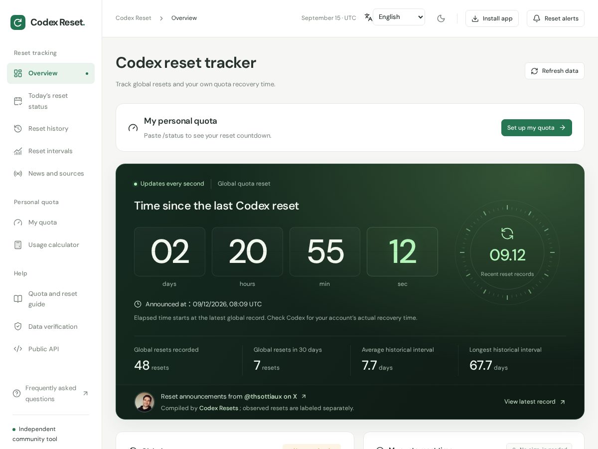 Landing-page snapshot of codexreset.dev