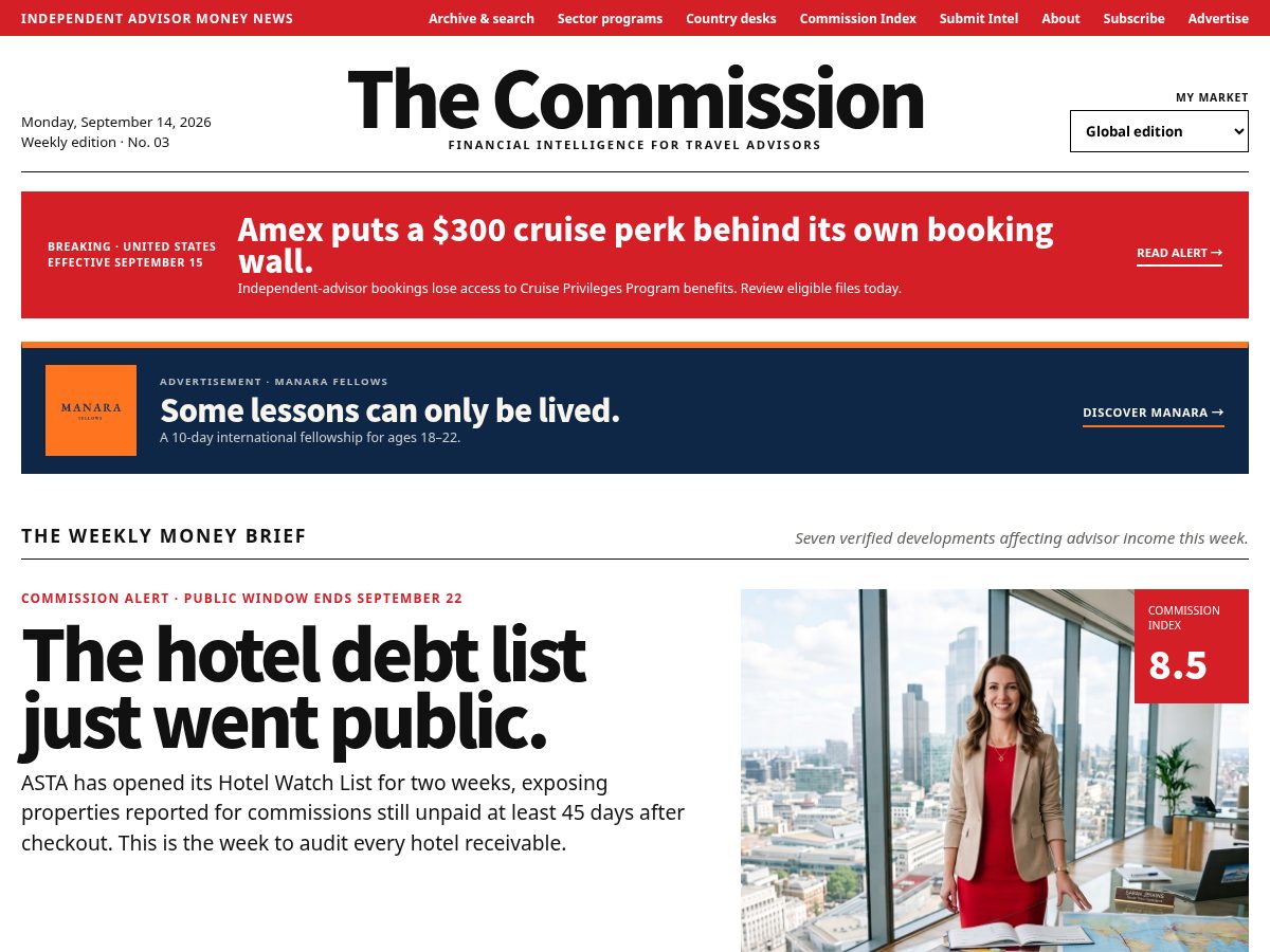 Landing-page snapshot of commission.travel