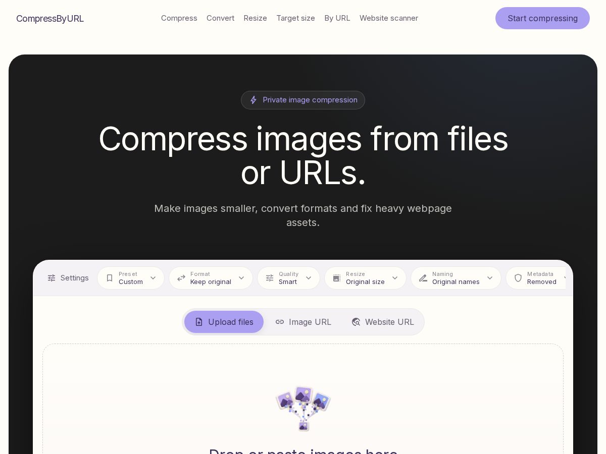 Landing-page snapshot of compressbyurl.com