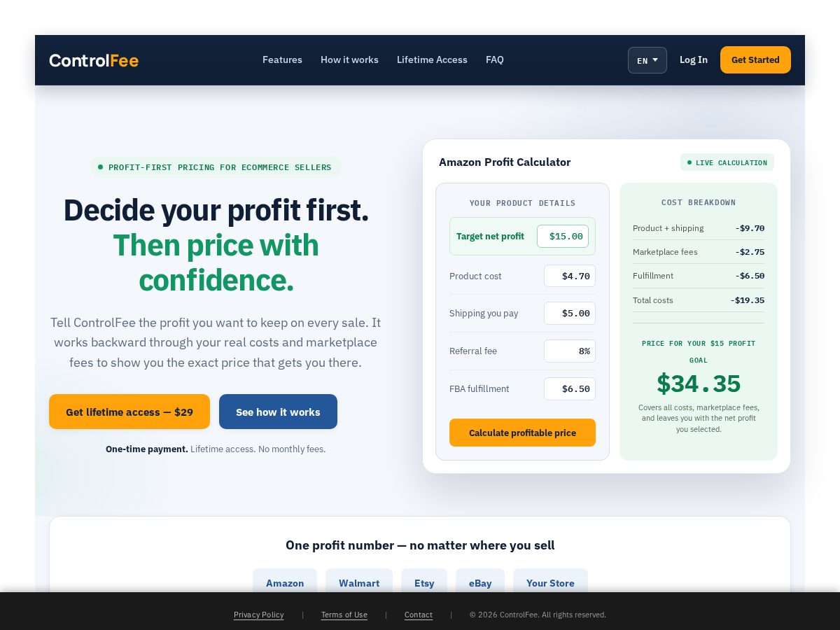 Landing-page snapshot of controlfee.com