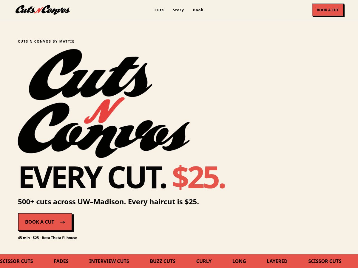 Landing-page snapshot of cutsnconvos.com