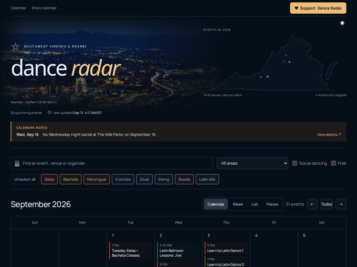 Landing-page snapshot of danceradar.org
