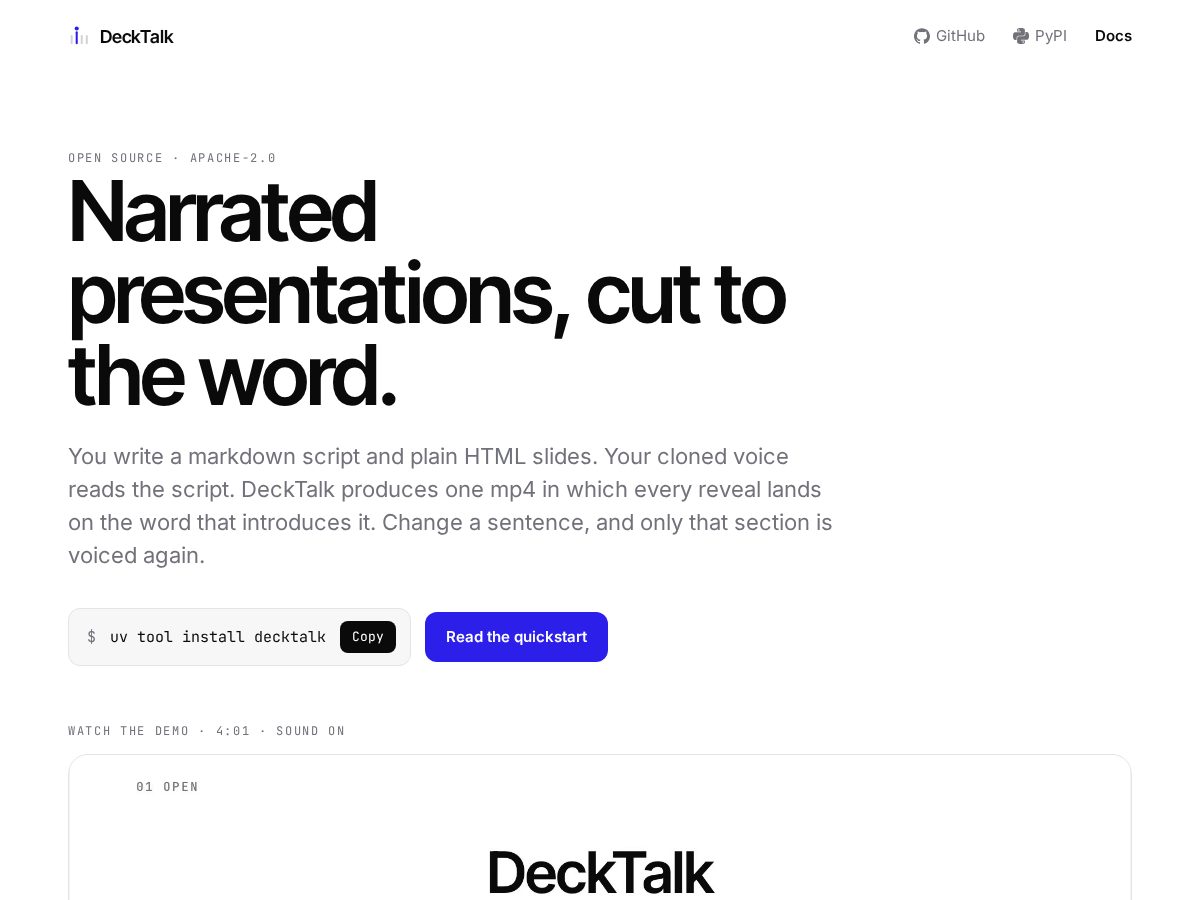 Landing-page snapshot of decktalk.app