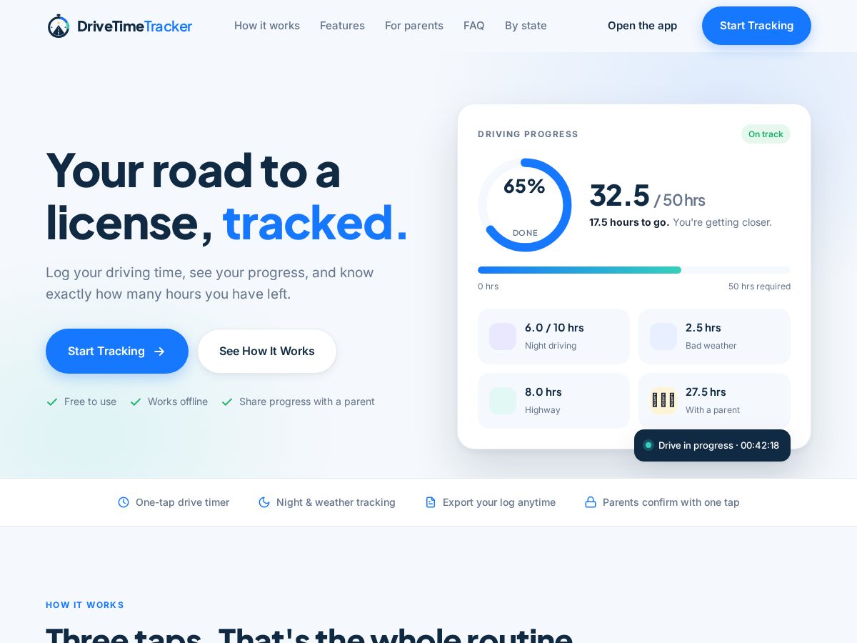 Landing-page snapshot of drivetimetracker.com