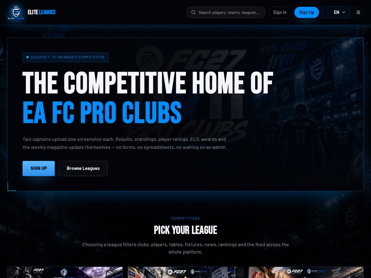 Landing-page snapshot of eliteleagues.pro