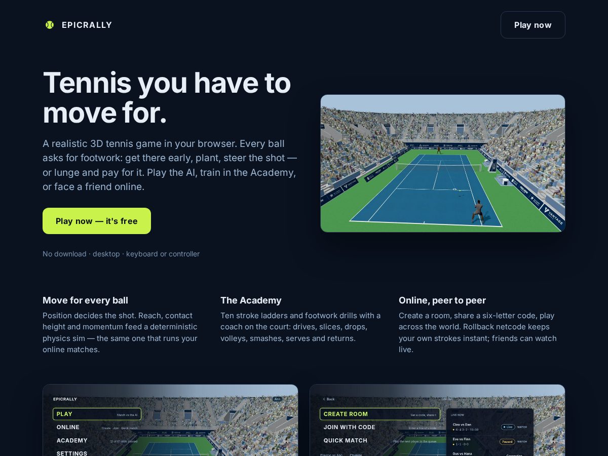 Landing-page snapshot of epicrallytennis.com