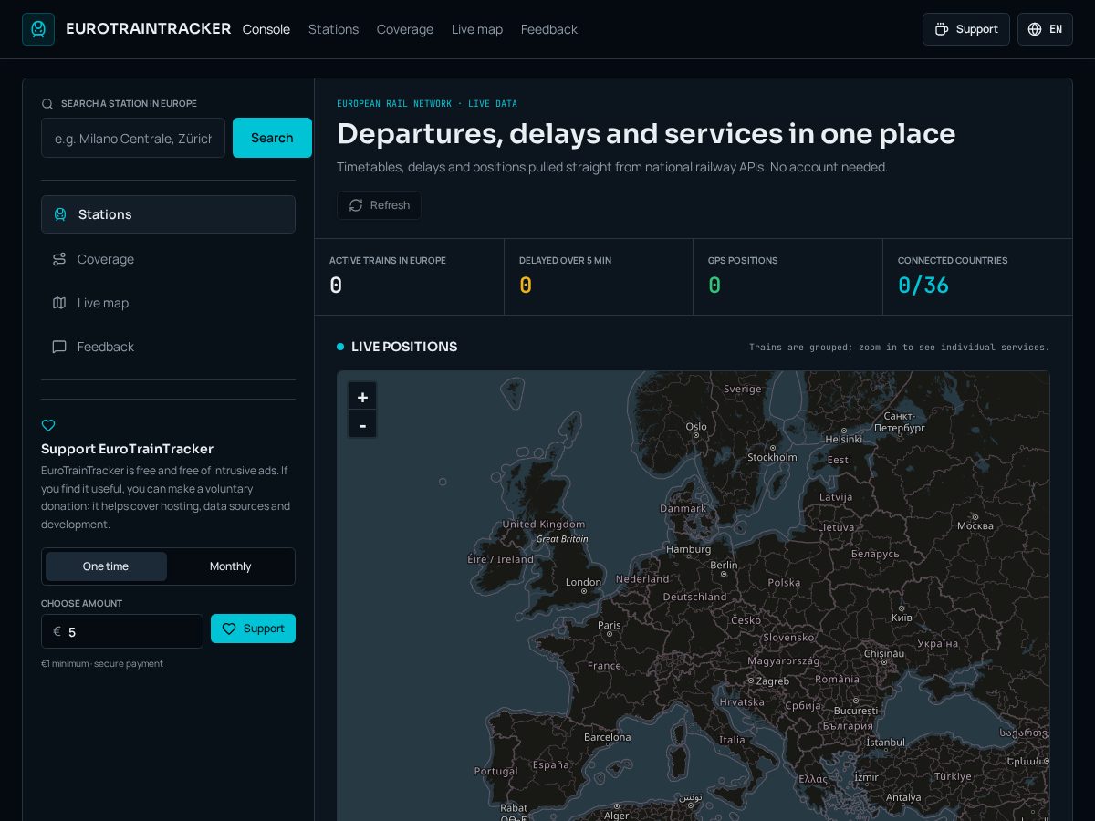Landing-page snapshot of eurotraintracker.com