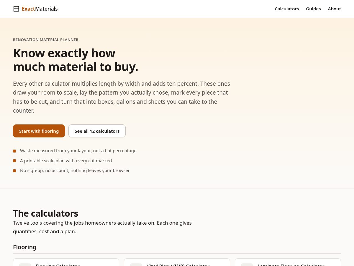 Landing-page snapshot of exactmaterials.com