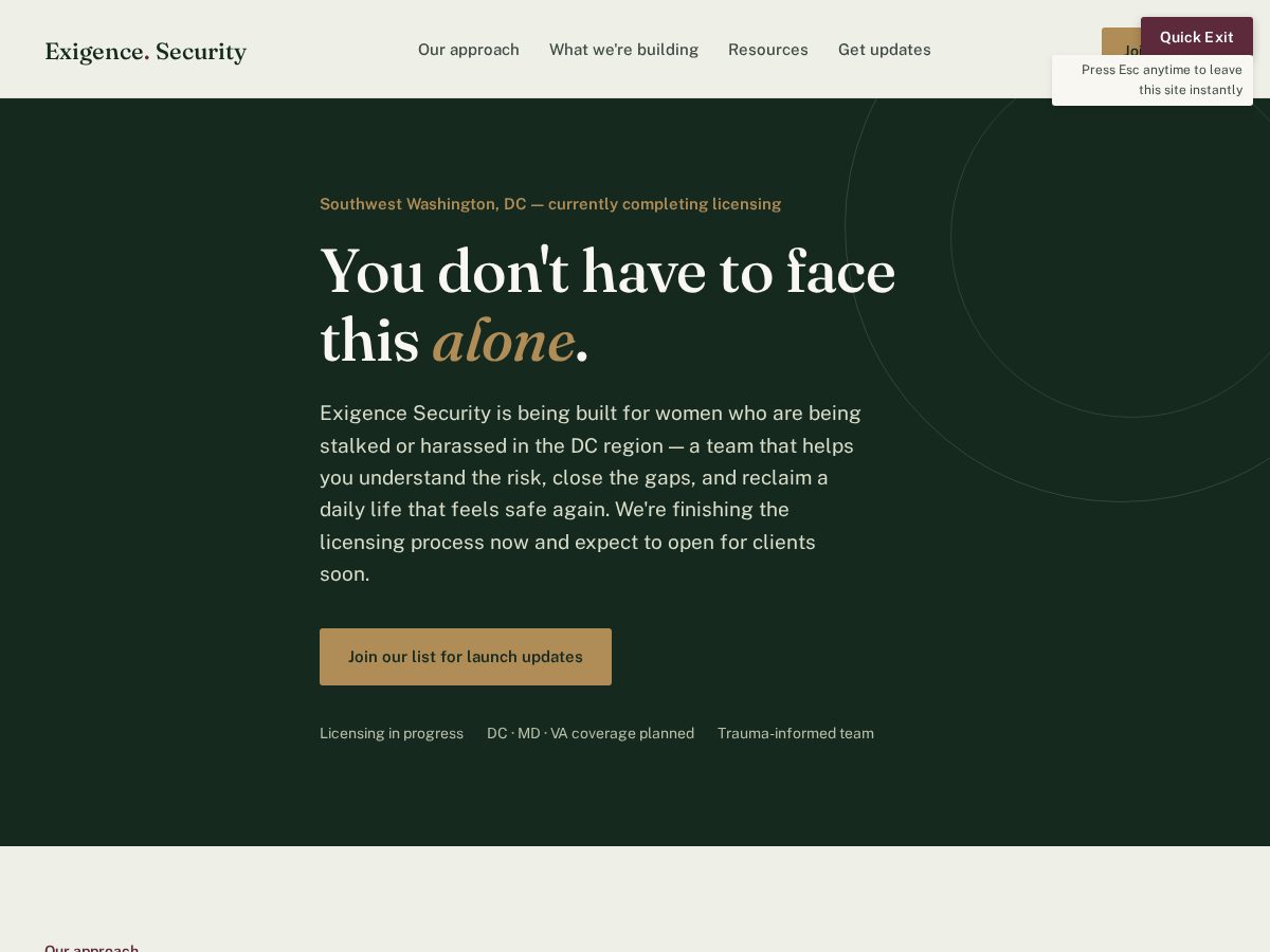 Landing-page snapshot of exigencesecurity.com