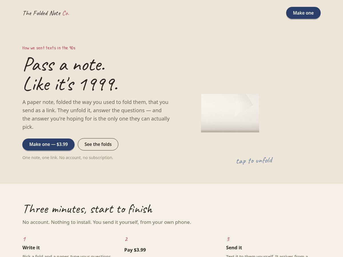Landing-page snapshot of foldednoteco.com