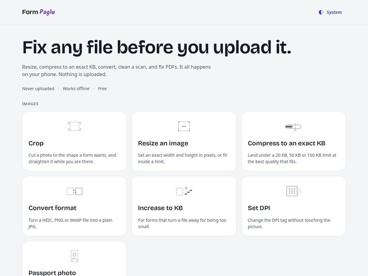 Landing-page snapshot of formpaglu.com
