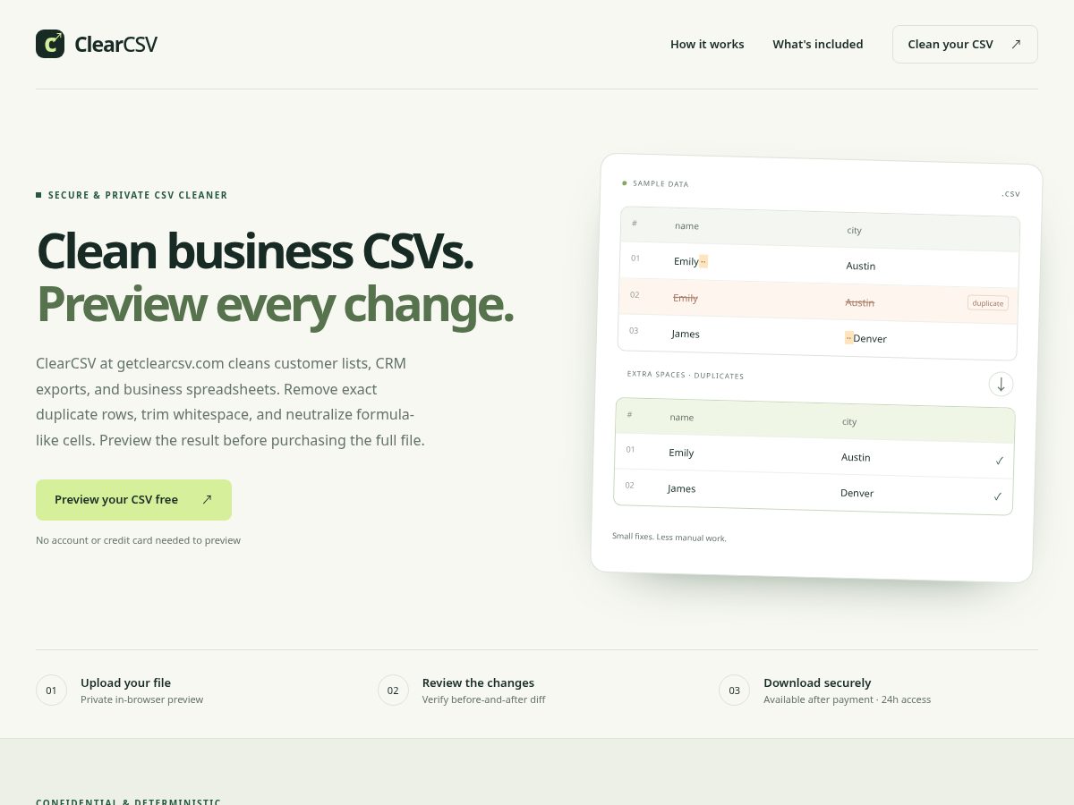 Landing-page snapshot of getclearcsv.com