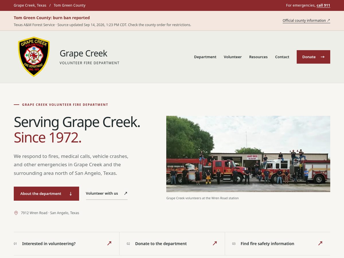 Landing-page snapshot of grapecreekfd.org