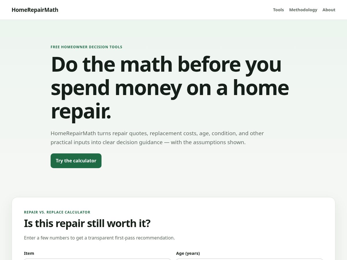 Landing-page snapshot of homerepairmath.com