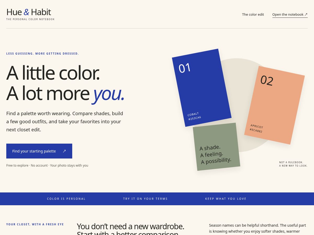Landing-page snapshot of hueandhabit.com