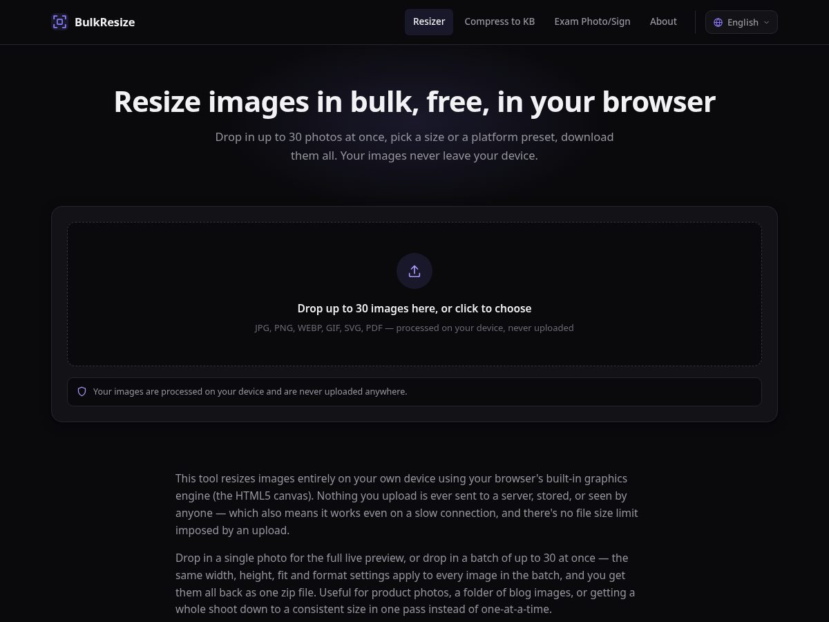 Landing-page snapshot of imageresizerbulk.com