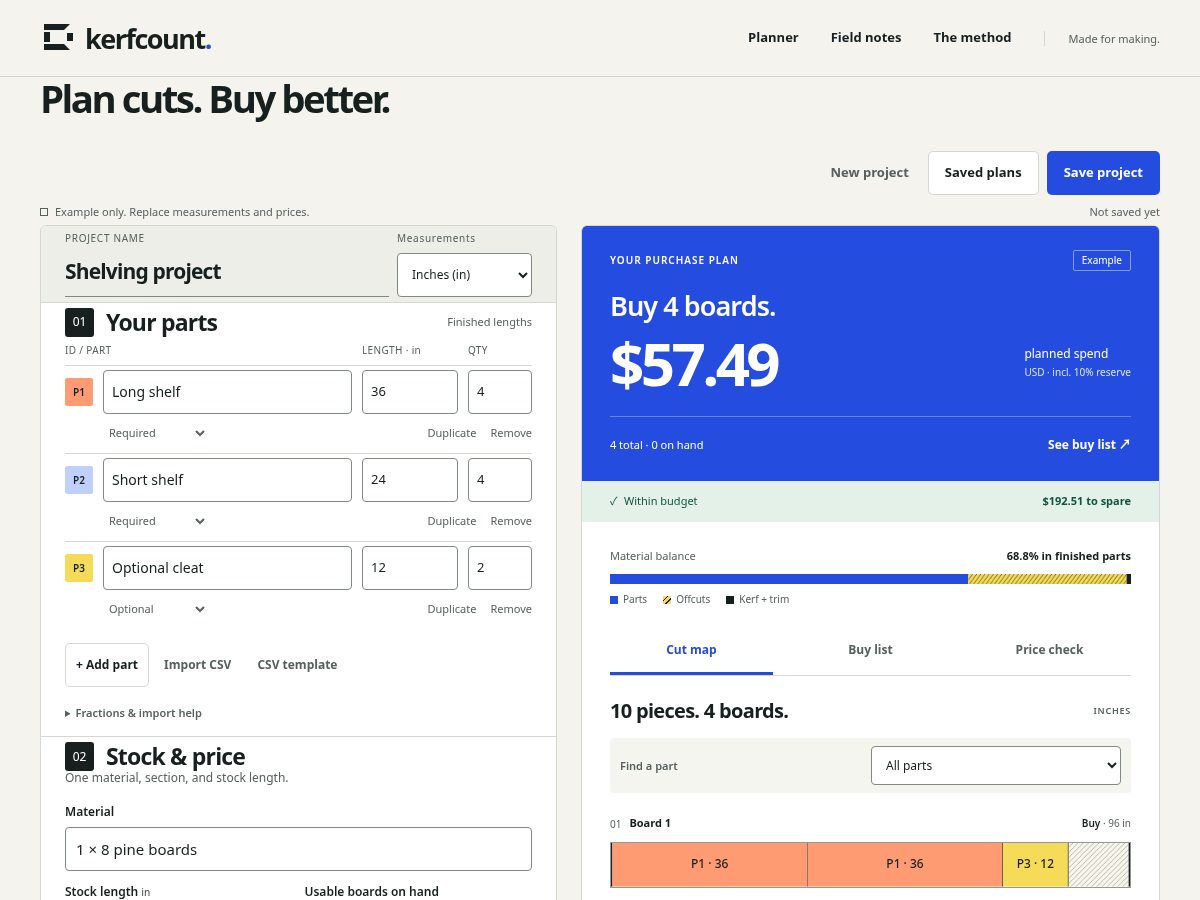 Landing-page snapshot of kerfcount.com