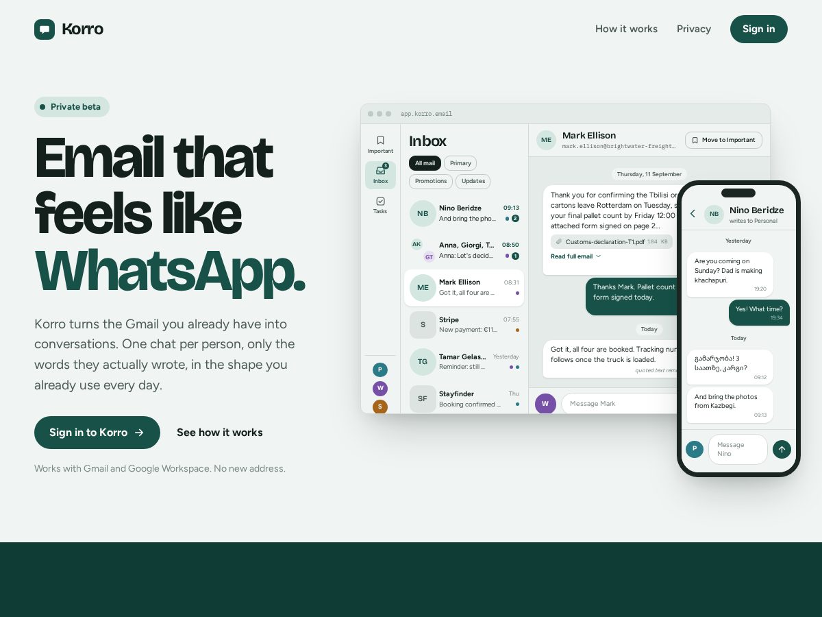 Landing-page snapshot of korro.email