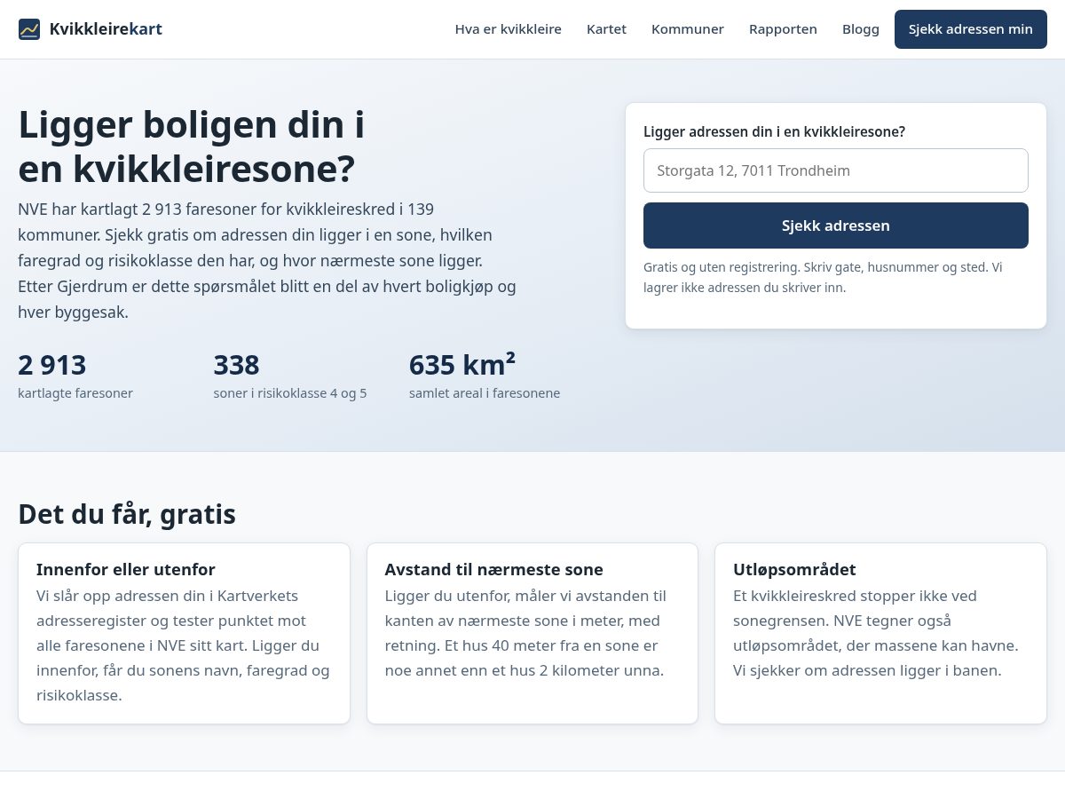 Landing-page snapshot of kvikkleirekart.com